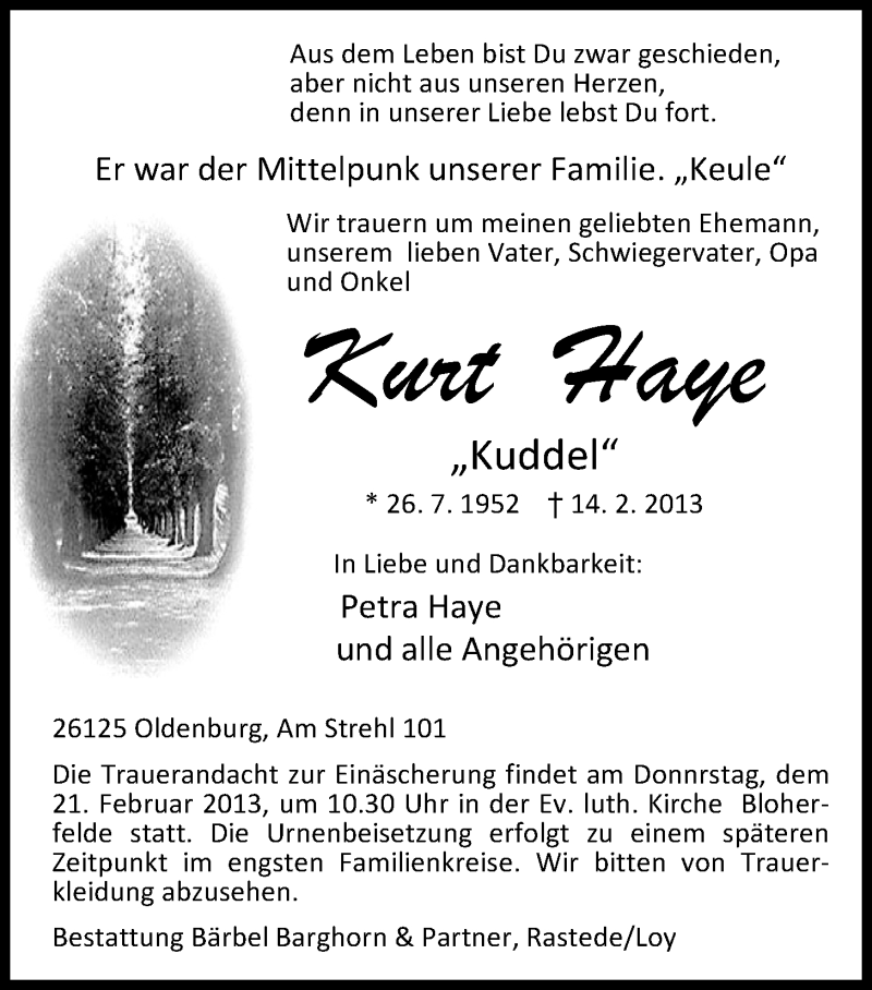  Traueranzeige für Kurt  (Kuddel) Haye vom 19.02.2013 aus Nordwest-Zeitung