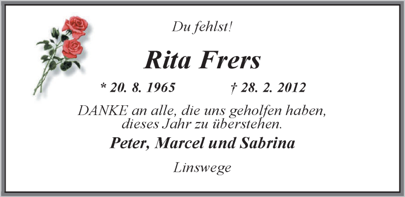  Traueranzeige für Rita Frers vom 28.02.2013 aus Nordwest-Zeitung
