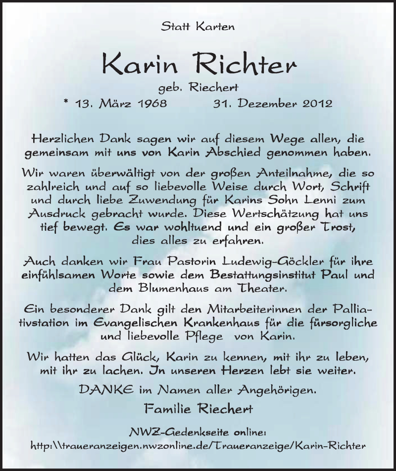  Traueranzeige für Karin Richter vom 02.03.2013 aus Nordwest-Zeitung