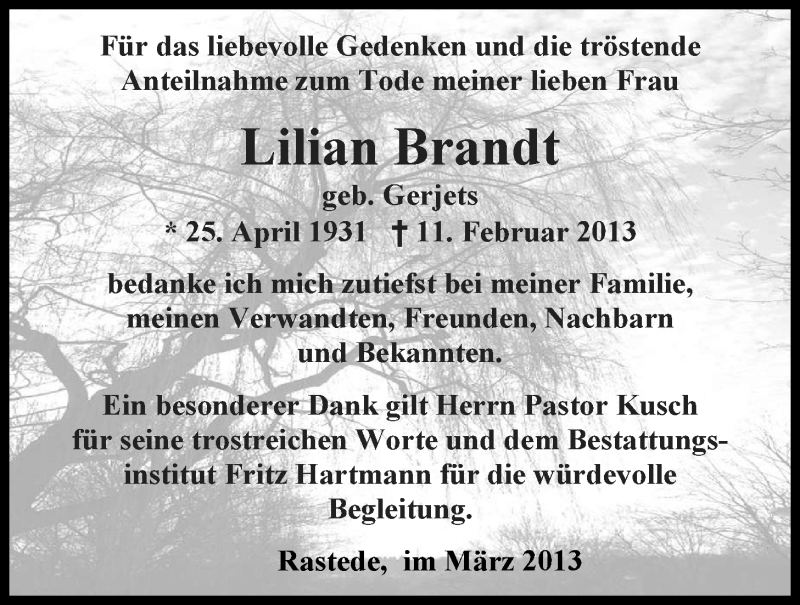  Traueranzeige für Lilian Brandt vom 01.03.2013 aus Nordwest-Zeitung