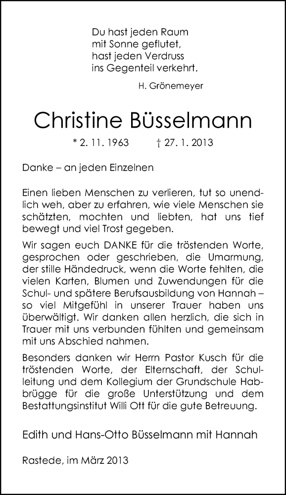  Traueranzeige für Christine Büsselmann vom 16.03.2013 aus Nordwest-Zeitung