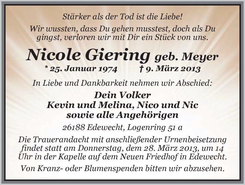  Traueranzeige für Nicole Giering vom 23.03.2013 aus Nordwest-Zeitung