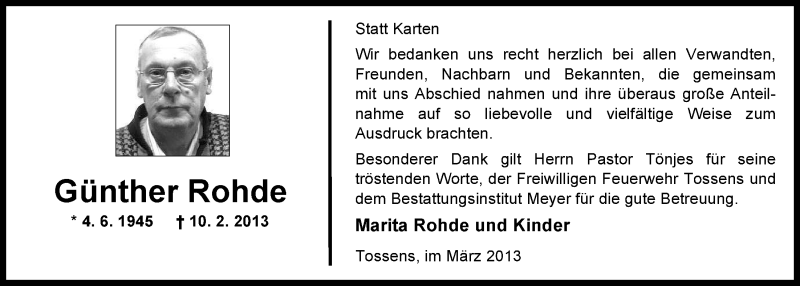  Traueranzeige für Günther Rohde vom 22.03.2013 aus Nordwest-Zeitung