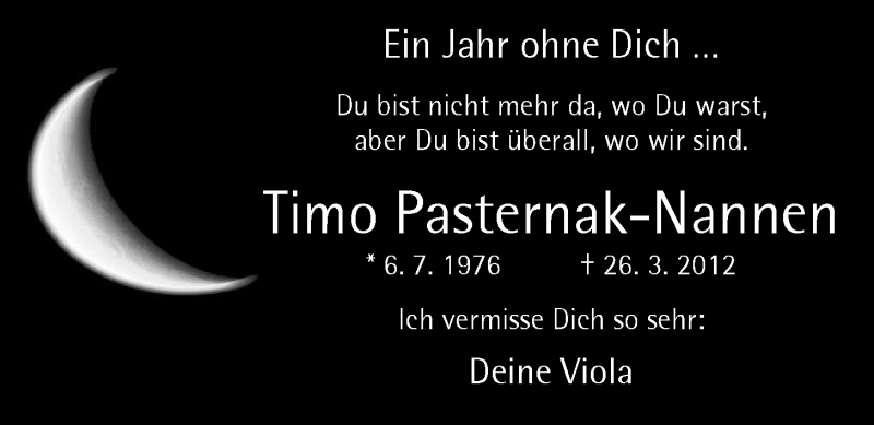  Traueranzeige für Timo Pasternak-Nannen vom 26.03.2013 aus Nordwest-Zeitung