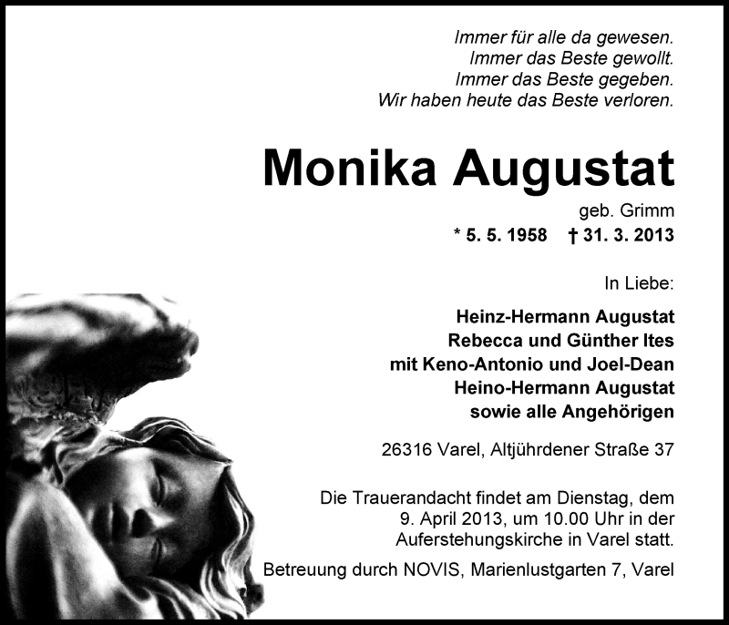  Traueranzeige für Monika Augustat vom 06.04.2013 aus Nordwest-Zeitung