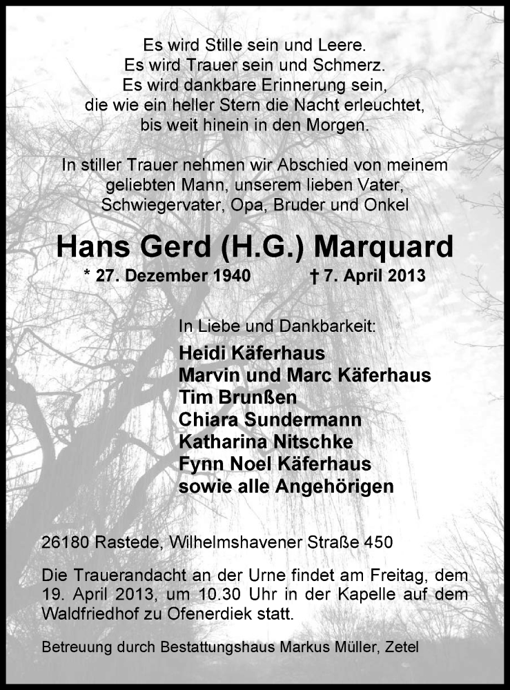 Traueranzeige für Hans-Gerd Marquard vom 10.04.2013 aus Nordwest-Zeitung