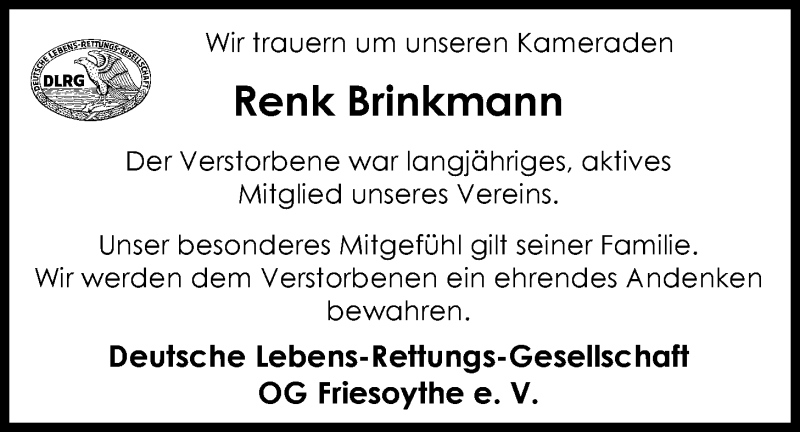  Traueranzeige für Renk Brinkmann vom 13.04.2013 aus Nordwest-Zeitung