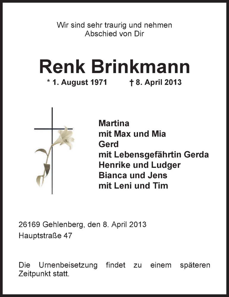  Traueranzeige für Renk Brinkmann vom 13.04.2013 aus Nordwest-Zeitung