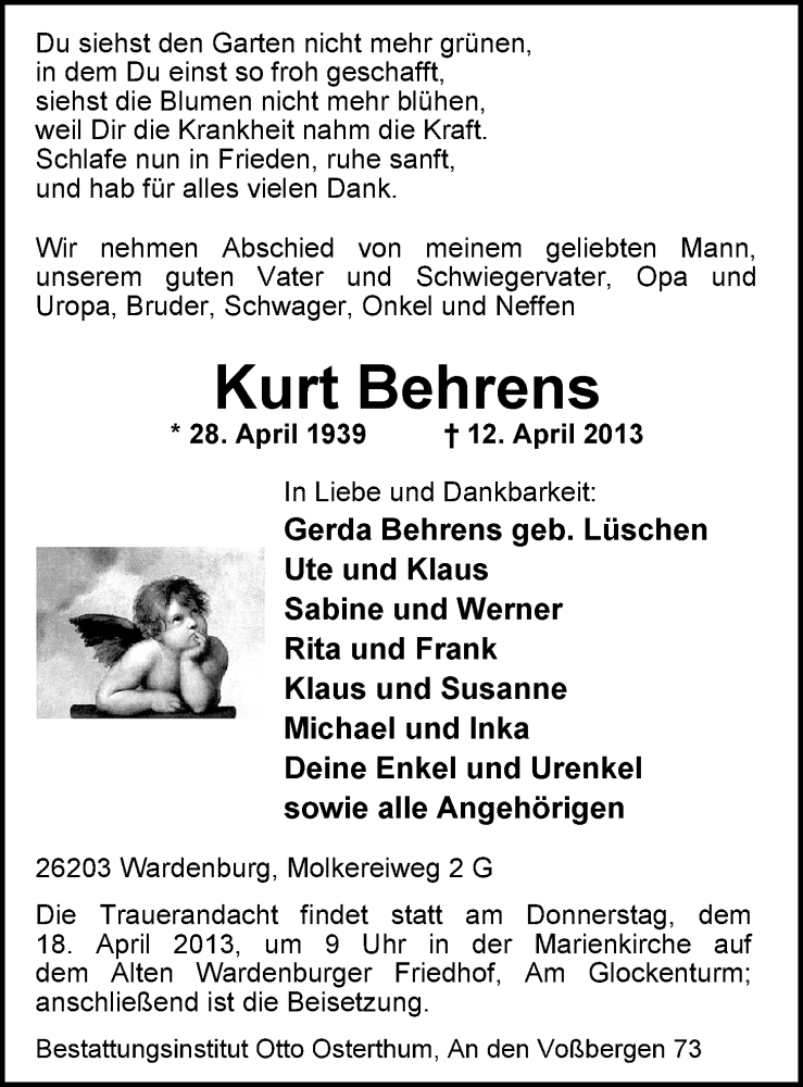  Traueranzeige für Kurt Behrens vom 16.04.2013 aus Nordwest-Zeitung