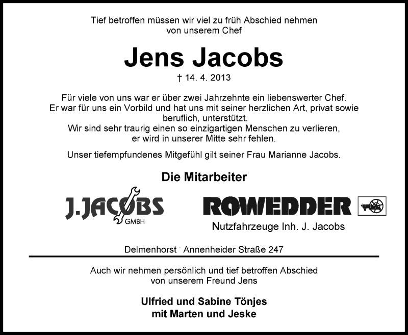 Traueranzeigen Von Jens Jacobs Nordwest Trauer De