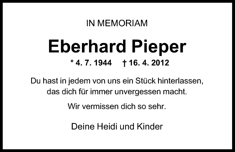  Traueranzeige für Eberhard Pieper vom 16.04.2013 aus Nordwest-Zeitung
