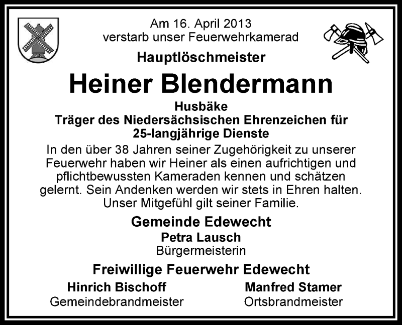  Traueranzeige für Heiner Blendermann vom 18.04.2013 aus Nordwest-Zeitung