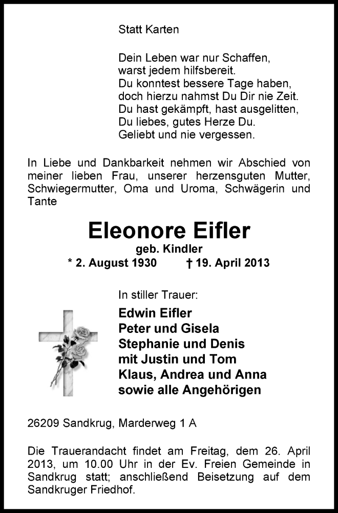 Traueranzeigen Von Eleonore Eifler Nordwest Trauer De