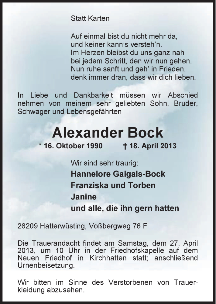  Traueranzeige für Alexander Bock vom 24.04.2013 aus Nordwest-Zeitung
