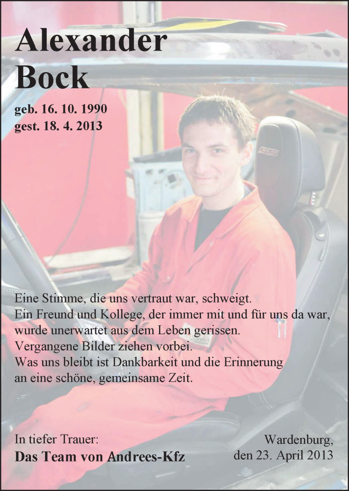  Traueranzeige für Alexander Bock vom 24.04.2013 aus Nordwest-Zeitung