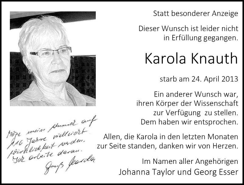  Traueranzeige für Karola Knauth vom 11.05.2013 aus Nordwest-Zeitung