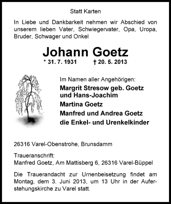 Traueranzeige von Johann Goetz von Nordwest-Zeitung