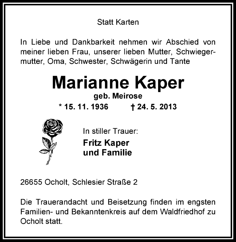 Traueranzeigen Von Marianne Kaper Nordwest Trauer De