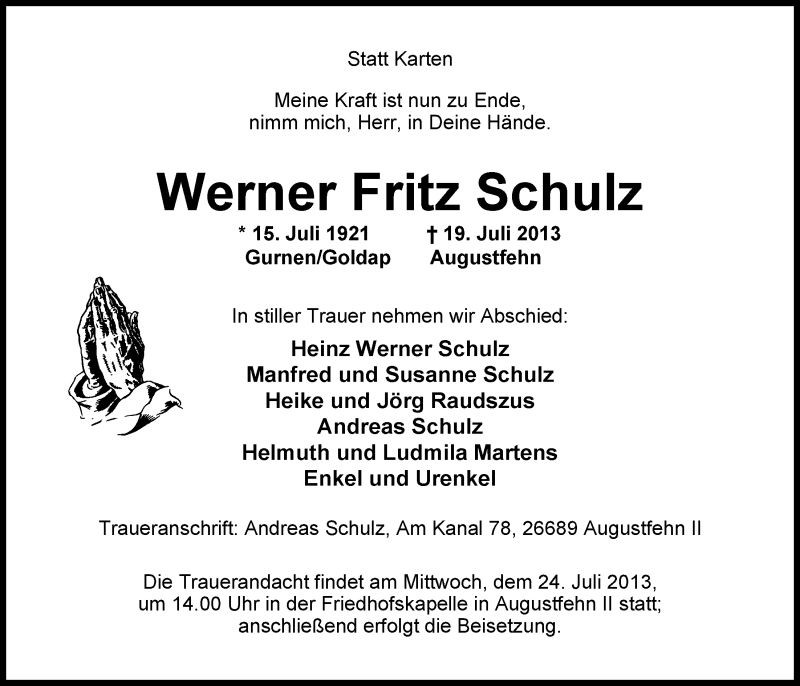  Traueranzeige für Werner Fritz Schulz vom 20.07.2013 aus Nordwest-Zeitung