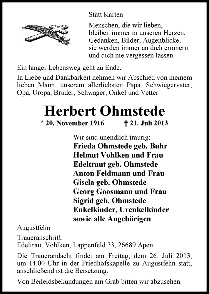  Traueranzeige für Herbert Ohmstede vom 23.07.2013 aus Nordwest-Zeitung
