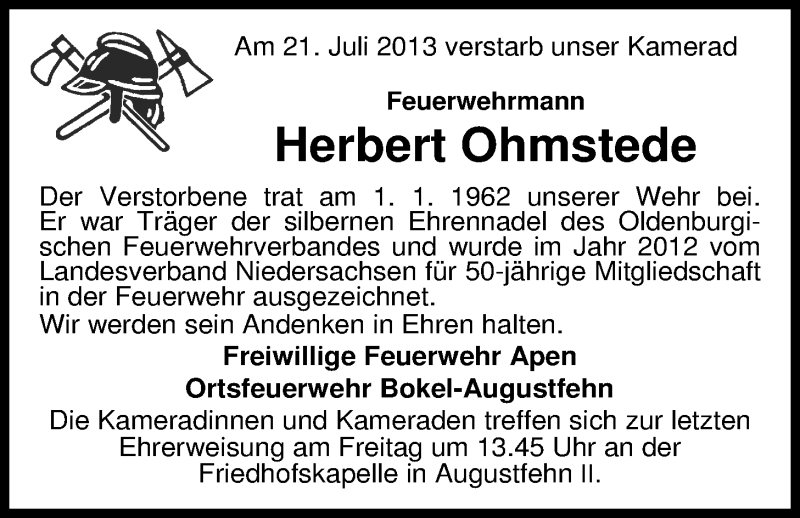  Traueranzeige für Herbert Ohmstede vom 24.07.2013 aus Nordwest-Zeitung