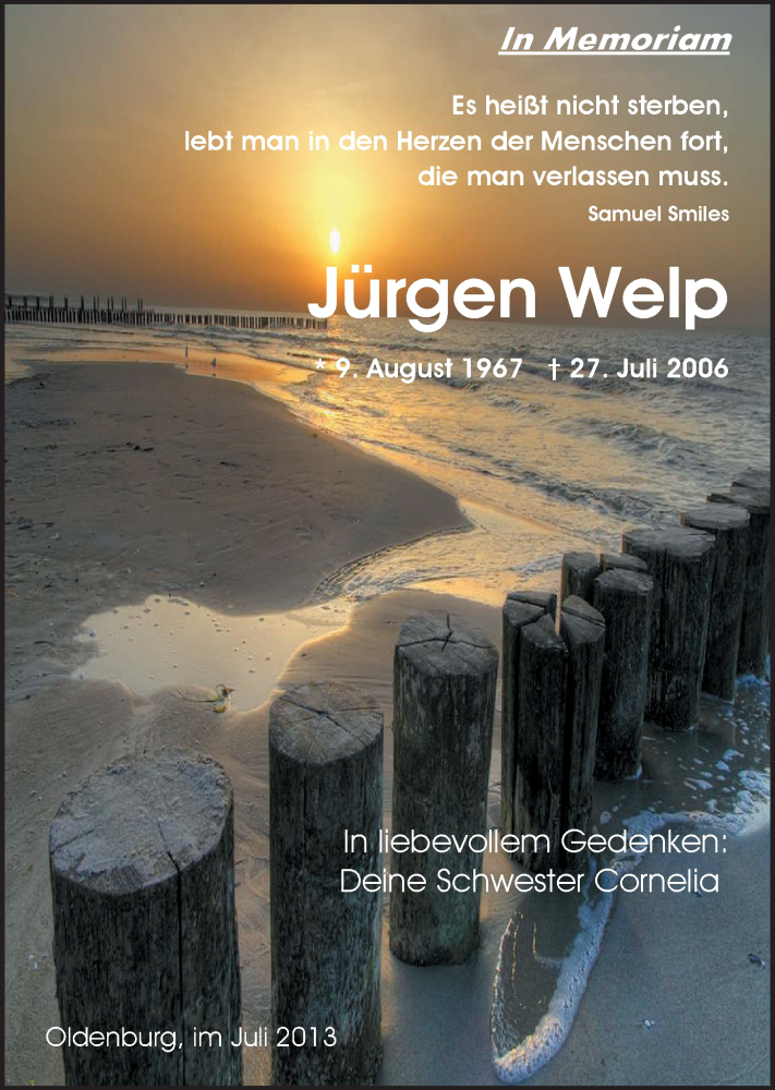  Traueranzeige für Jürgen Welp vom 27.07.2013 aus Nordwest-Zeitung