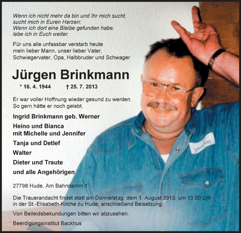  Traueranzeige für Jürgen Brinkmann vom 29.07.2013 aus Nordwest-Zeitung