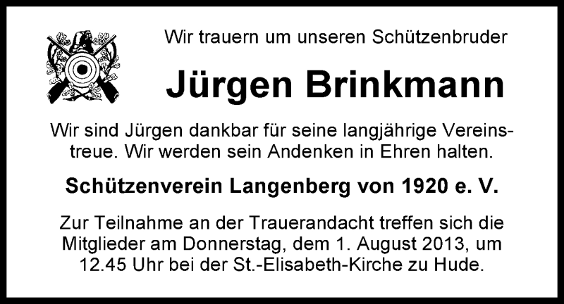  Traueranzeige für Jürgen Brinkmann vom 29.07.2013 aus Nordwest-Zeitung