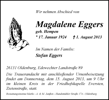 Traueranzeigen Von Magdalene Eggers Nordwest Trauer De