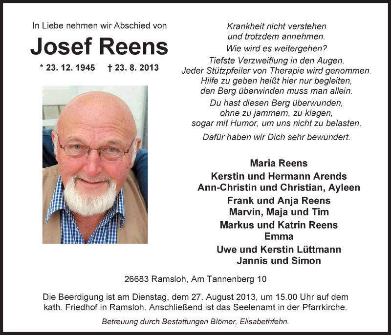  Traueranzeige für Josef Reens vom 26.08.2013 aus Nordwest-Zeitung