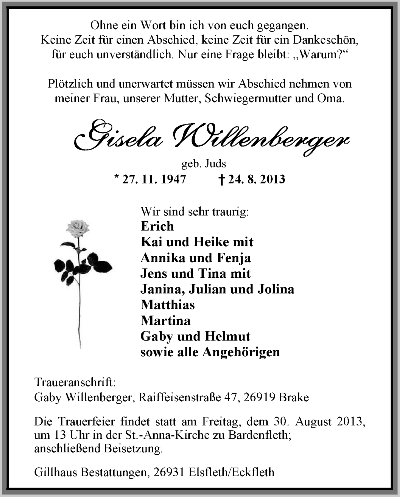  Traueranzeige für Gisela Willenberger vom 27.08.2013 aus Nordwest-Zeitung