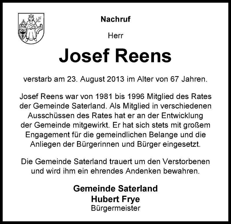  Traueranzeige für Josef Reens vom 27.08.2013 aus Nordwest-Zeitung