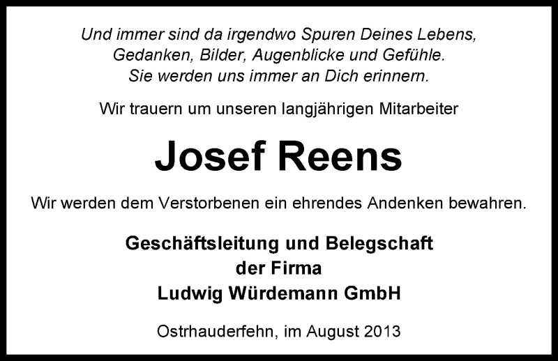  Traueranzeige für Josef Reens vom 28.08.2013 aus Nordwest-Zeitung