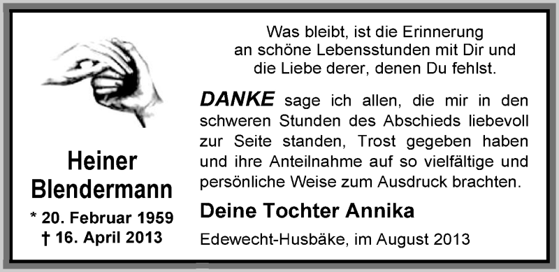  Traueranzeige für Heiner Blendermann vom 31.08.2013 aus Nordwest-Zeitung