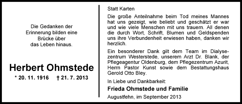  Traueranzeige für Herbert Ohmstede vom 13.09.2013 aus Nordwest-Zeitung