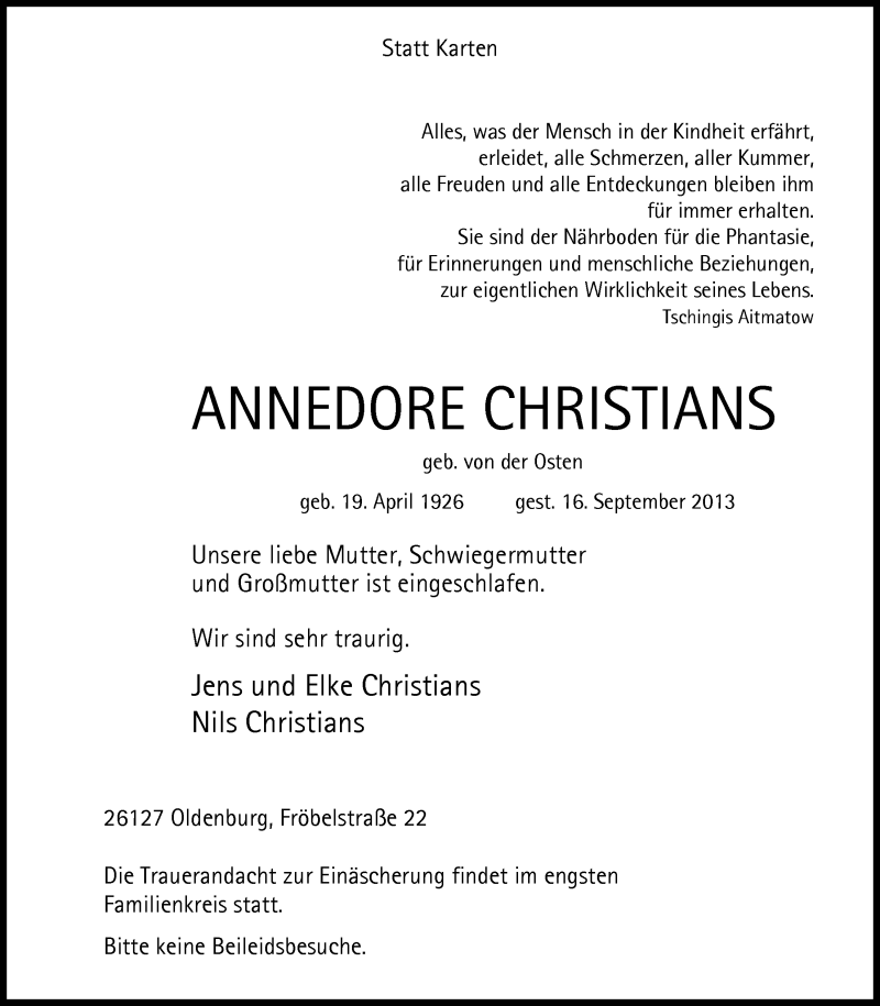  Traueranzeige für Annedore Christians vom 23.09.2013 aus Nordwest-Zeitung