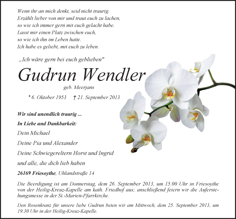  Traueranzeige für Gudrun Wendler vom 24.09.2013 aus Nordwest-Zeitung