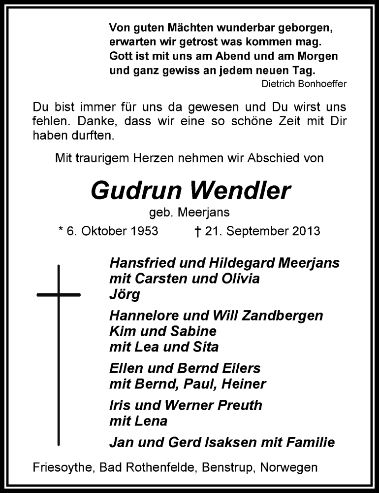  Traueranzeige für Gudrun Wendler vom 24.09.2013 aus Nordwest-Zeitung