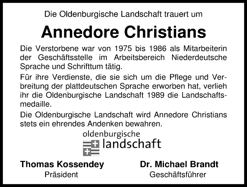  Traueranzeige für Annedore Christians vom 24.09.2013 aus Nordwest-Zeitung