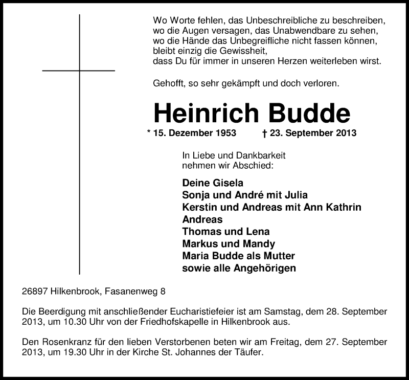 Traueranzeige für Heinrich Budde vom 24.09.2013 aus Nordwest-Zeitung