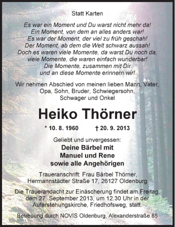 Traueranzeigen von Heiko Thörner nordwest trauer de