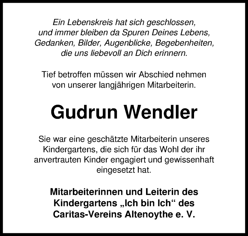  Traueranzeige für Gudrun Wendler vom 25.09.2013 aus Nordwest-Zeitung