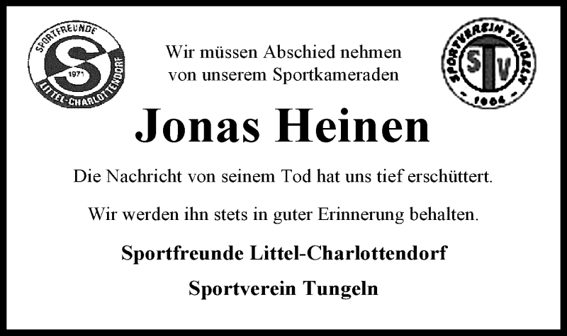  Traueranzeige für Jonas Heinen vom 27.09.2013 aus Nordwest-Zeitung