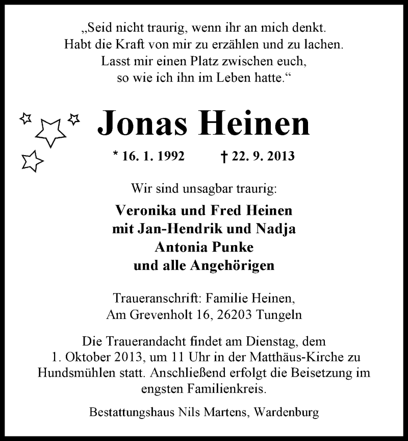  Traueranzeige für Jonas Heinen vom 27.09.2013 aus Nordwest-Zeitung