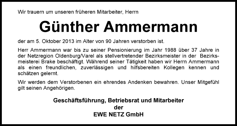 Traueranzeigen Von G Nther Ammermann Nordwest Trauer De