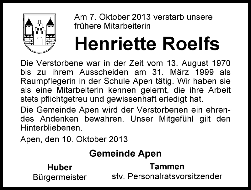 Traueranzeigen Von Henriette Roelfs Nordwest Trauer De