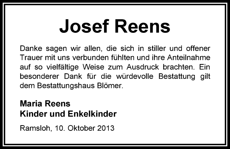  Traueranzeige für Josef Reens vom 12.10.2013 aus Nordwest-Zeitung