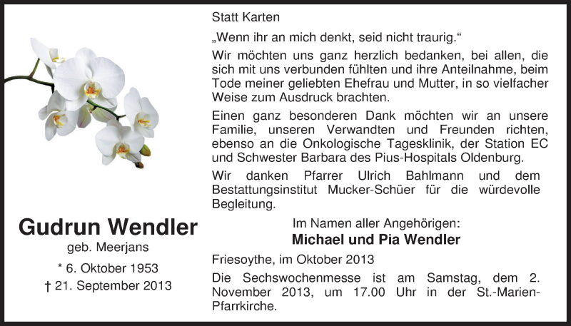  Traueranzeige für Gudrun Wendler vom 26.10.2013 aus Nordwest-Zeitung