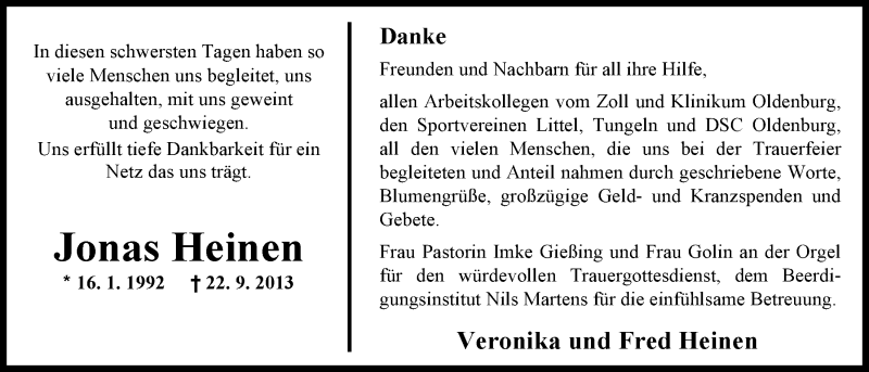  Traueranzeige für Jonas Heinen vom 25.10.2013 aus Nordwest-Zeitung