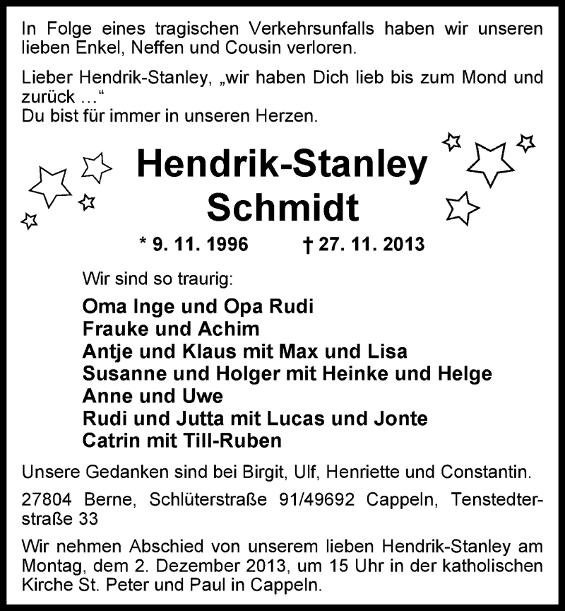  Traueranzeige für Hendrik-Stanley Schmidt vom 30.11.2013 aus Nordwest-Zeitung